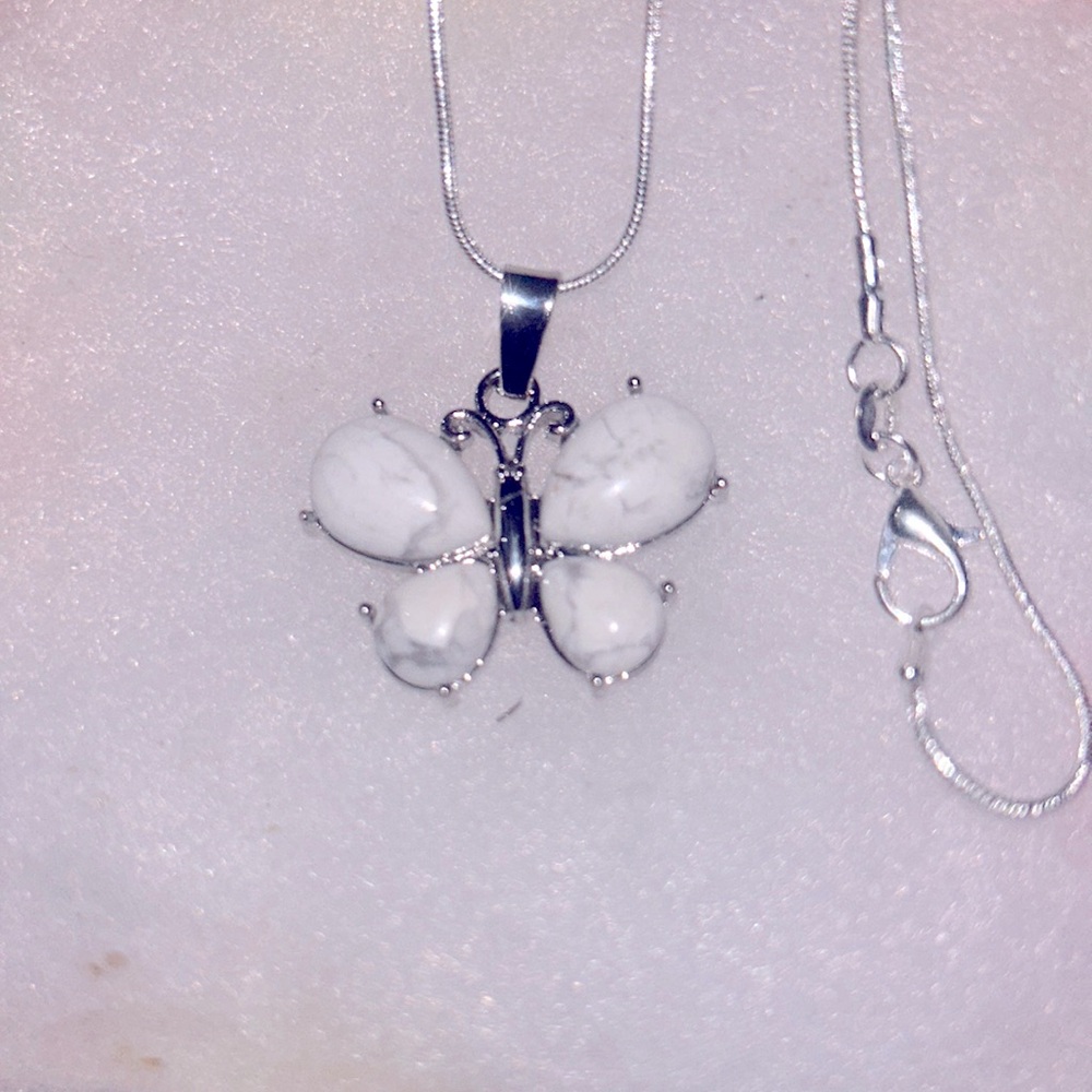 Boho hippie Howlite Crystal Butterfly Sterling Silver 18” Necklace